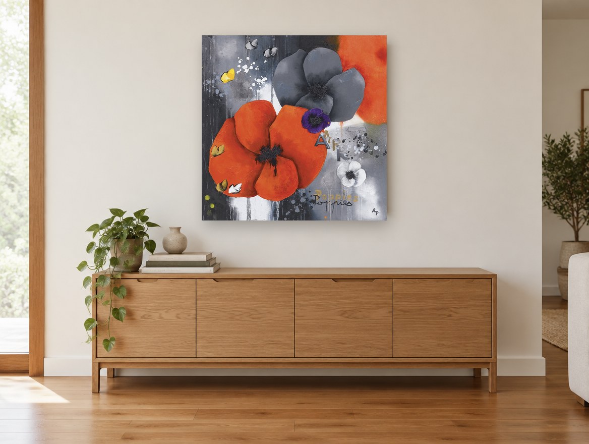 Orange and Grey Poppies floral canvas print on the wall of a living room above a sideboard