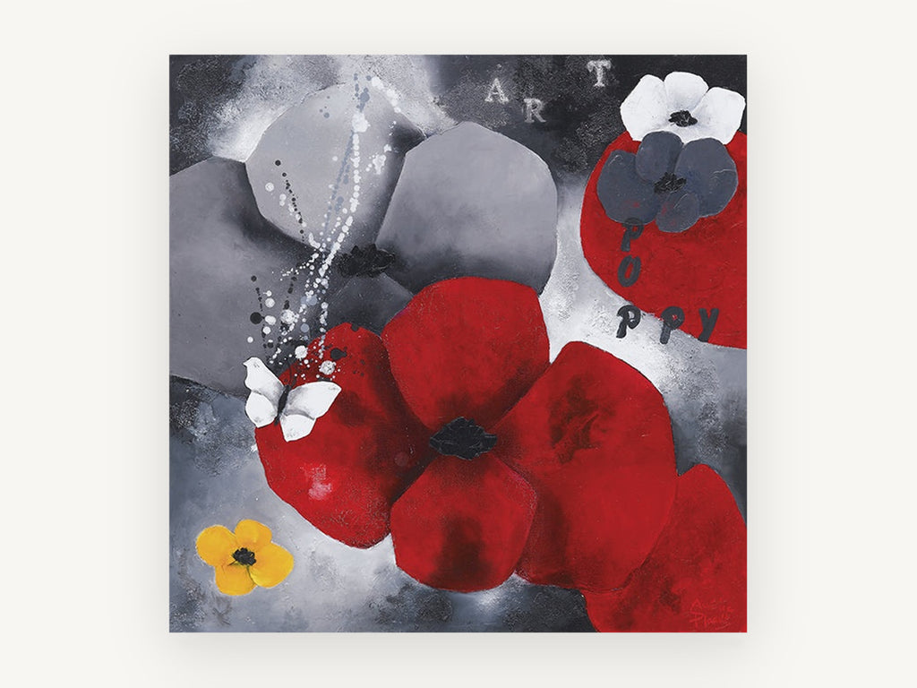 Crimson Poppy Butterfly, floral canvas wall art print, front view