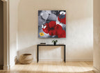 Crimson Poppy Butterfly floral canvas print on the wall of a hallway