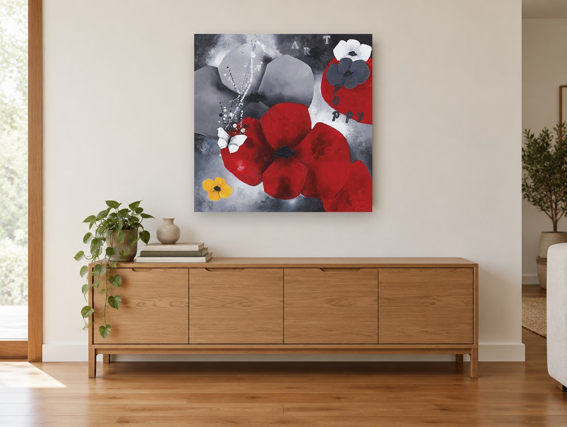 Crimson Poppy Butterfly floral canvas print on the wall of a living room above a sideboard