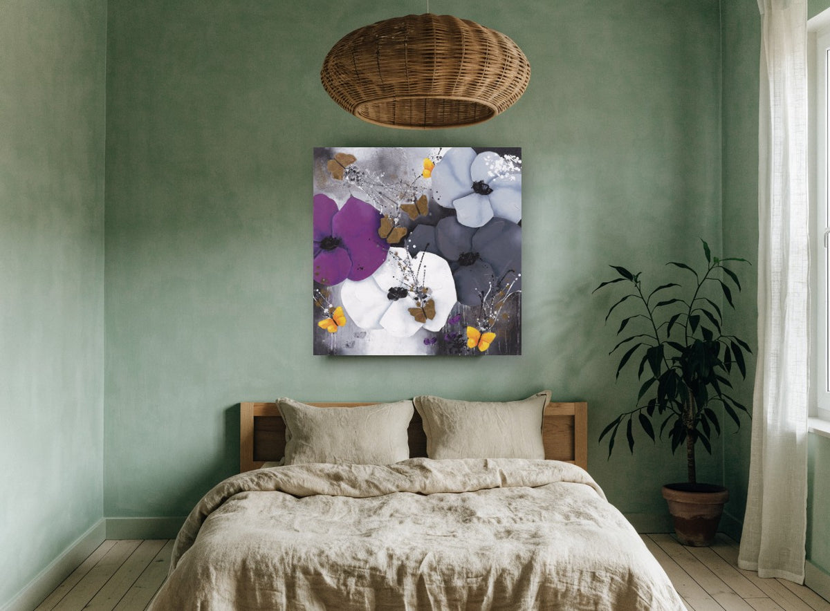 Midnight Poppies and Butterflies floral canvas print on the wall of a bedroom