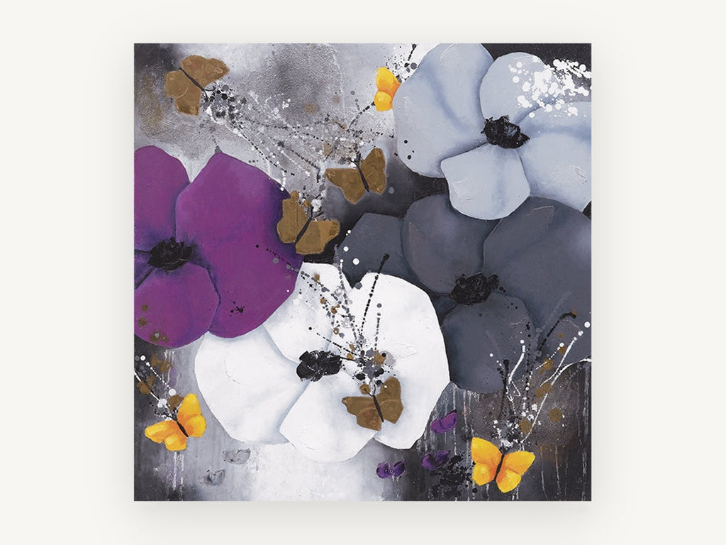 Midnight Poppies and Butterflies, floral canvas wall art print, front view