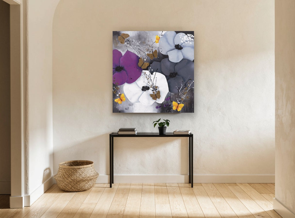 Midnight Poppies and Butterflies floral canvas print on the wall of a hallway