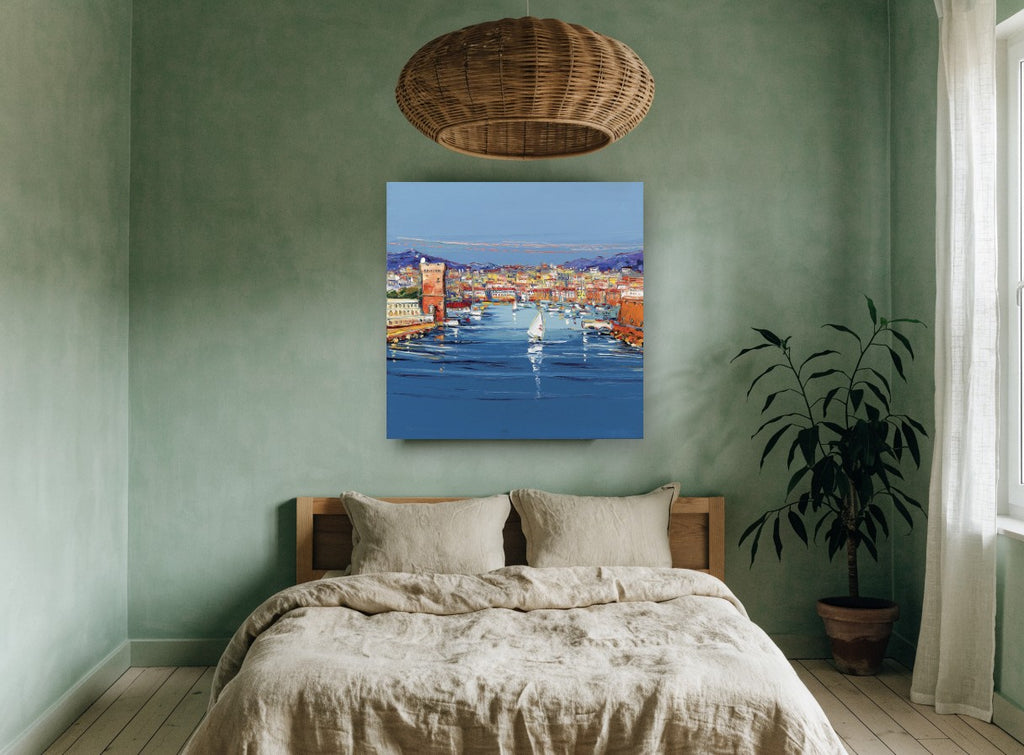 Harbour Parade Blues coastal canvas print on the wall of a bedroom