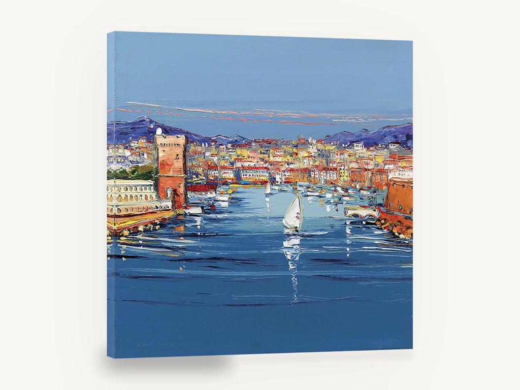 Harbour Parade Blues, harbour sailboat impasto cityscape, coastal canvas wall art print ready to hang