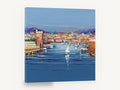 Harbour Parade Blues, harbour sailboat impasto cityscape, coastal canvas wall art print ready to hang
