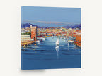 Harbour Parade Blues, harbour sailboat impasto cityscape, coastal canvas wall art print ready to hang