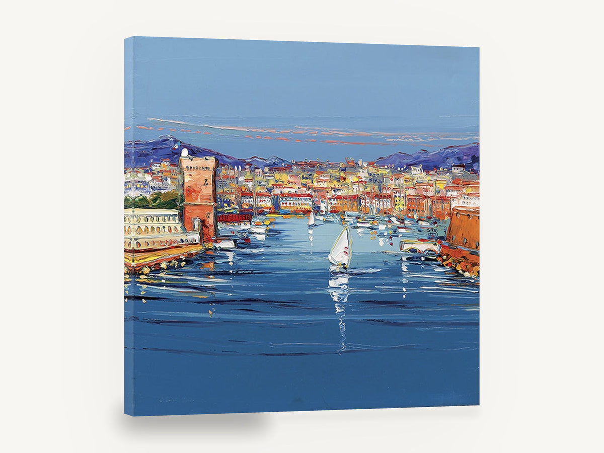 Harbour Parade Blues, harbour sailboat impasto cityscape, coastal canvas wall art print ready to hang