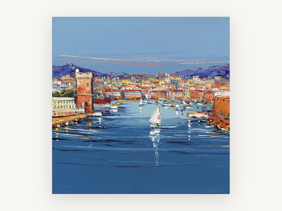 Harbour Parade Blues, coastal canvas wall art print, front view
