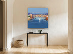Harbour Parade Blues coastal canvas print on the wall of a hallway