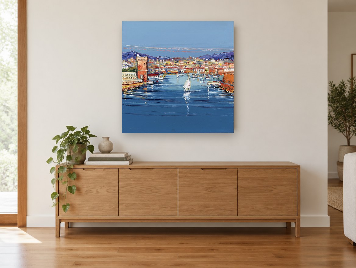 Harbour Parade Blues coastal canvas print on the wall of a living room above a sideboard
