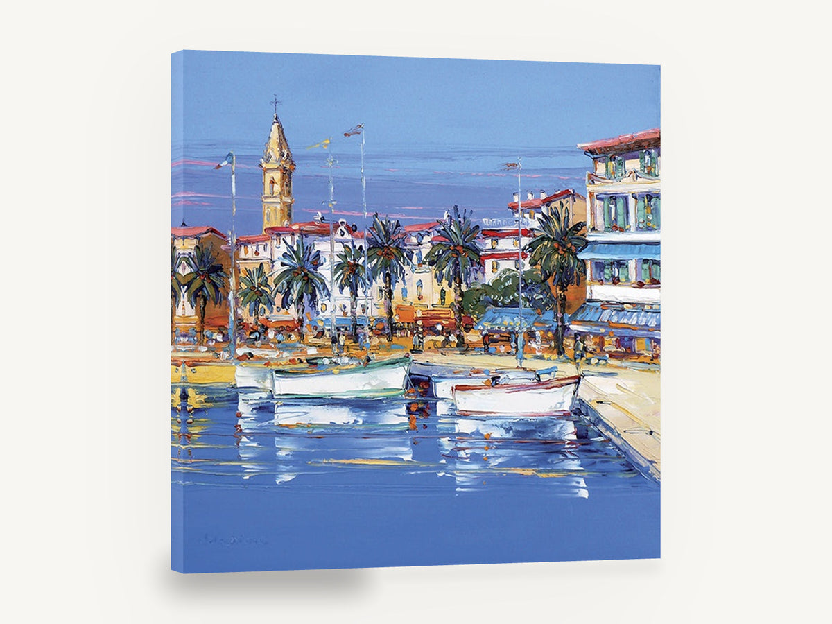 Harbour Palms Afternoon, mediterranean harbour boats palm trees, coastal canvas wall art print ready to hang
