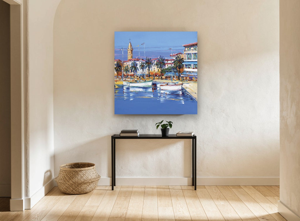 Harbour Palms Afternoon coastal canvas print on the wall of a hallway