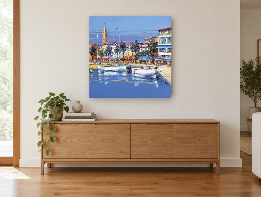 Harbour Palms Afternoon coastal canvas print on the wall of a living room above a sideboard