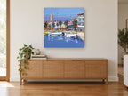 Harbour Palms Afternoon coastal canvas print on the wall of a living room above a sideboard