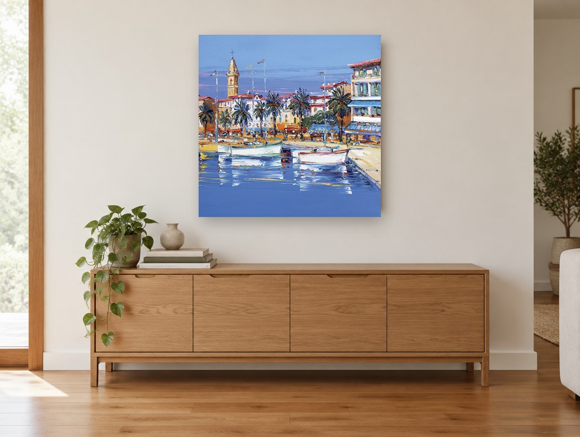 Harbour Palms Afternoon coastal canvas print on the wall of a living room above a sideboard