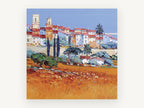 Terracotta Hill Village, hilltop village palette knife landscape, landscape canvas wall art print, front view