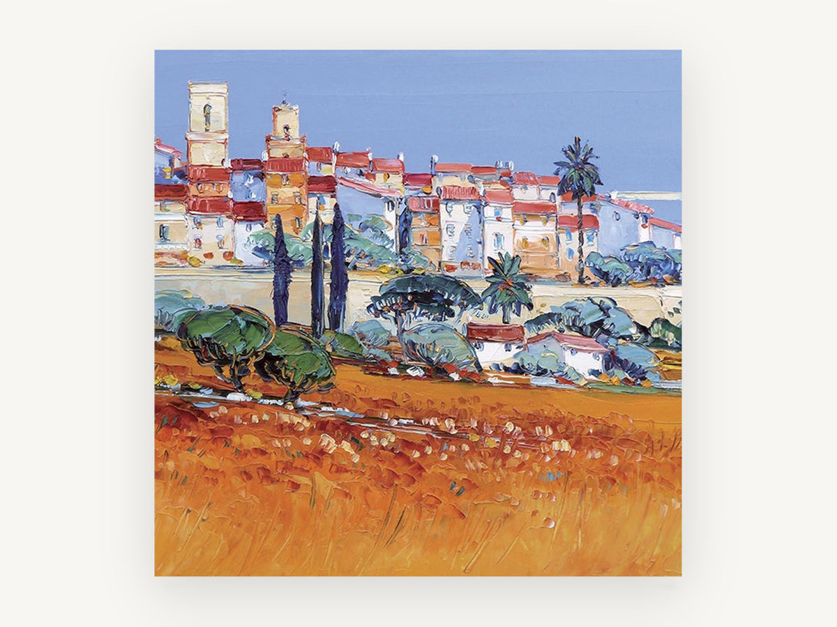 Terracotta Hill Village, hilltop village palette knife landscape, landscape canvas wall art print, front view