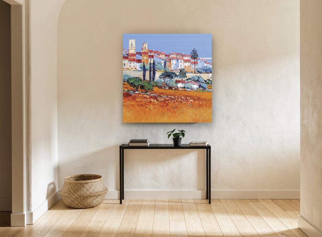 Terracotta Hill Village landscape canvas print on the wall of a hallway