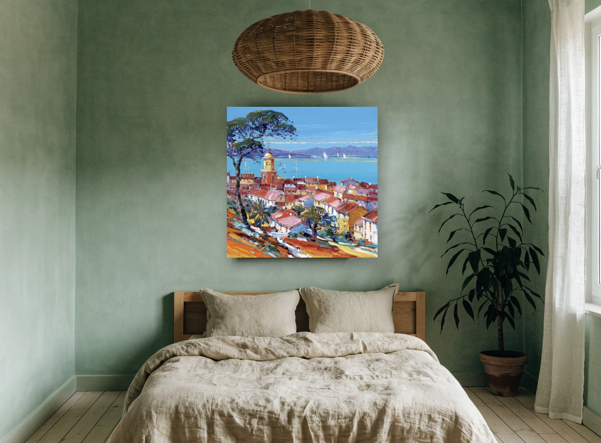 Bay Above Terracotta Roofs landscape canvas print on the wall of a bedroom