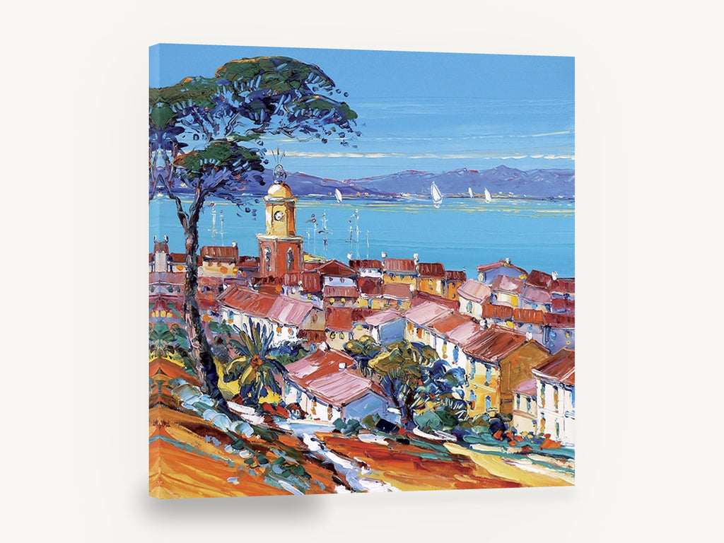 Bay Above Terracotta Roofs, mediterranean harbour town bay painting, landscape canvas wall art print ready to hang