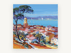 Bay Above Terracotta Roofs, mediterranean harbour town bay painting, landscape canvas wall art print, front view