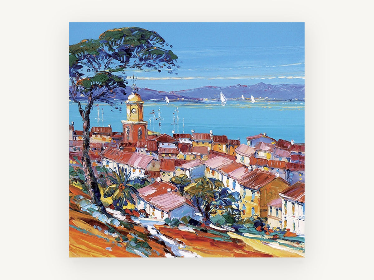 Bay Above Terracotta Roofs, mediterranean harbour town bay painting, landscape canvas wall art print, front view