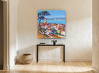 Bay Above Terracotta Roofs landscape canvas print on the wall of a hallway