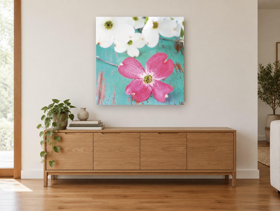 Pink Dogwood on Teal floral canvas print on the wall of a living room above a sideboard