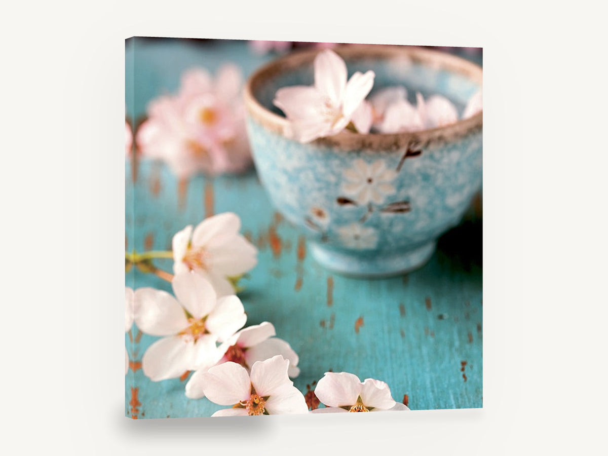 Blossoms in Aqua Bowl, pink blossom aqua bowl photograph, floral canvas wall art print ready to hang