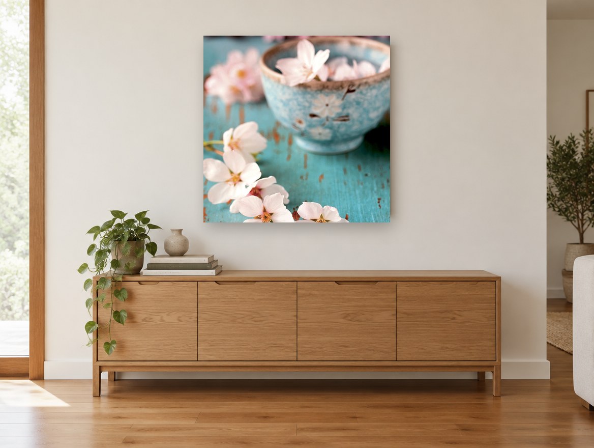 Blossoms in Aqua Bowl floral canvas print on the wall of a living room above a sideboard