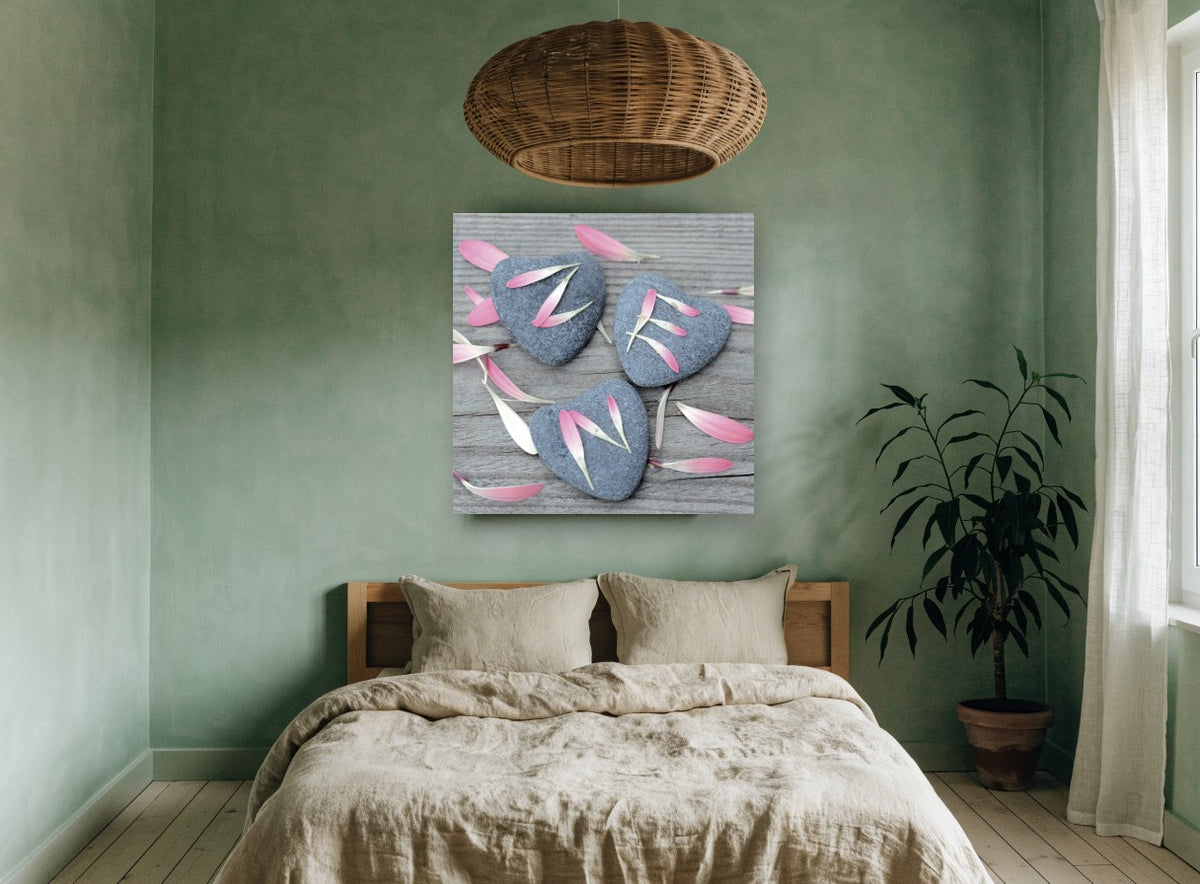 Petals on Heart Stones floral canvas print on the wall of a bedroom