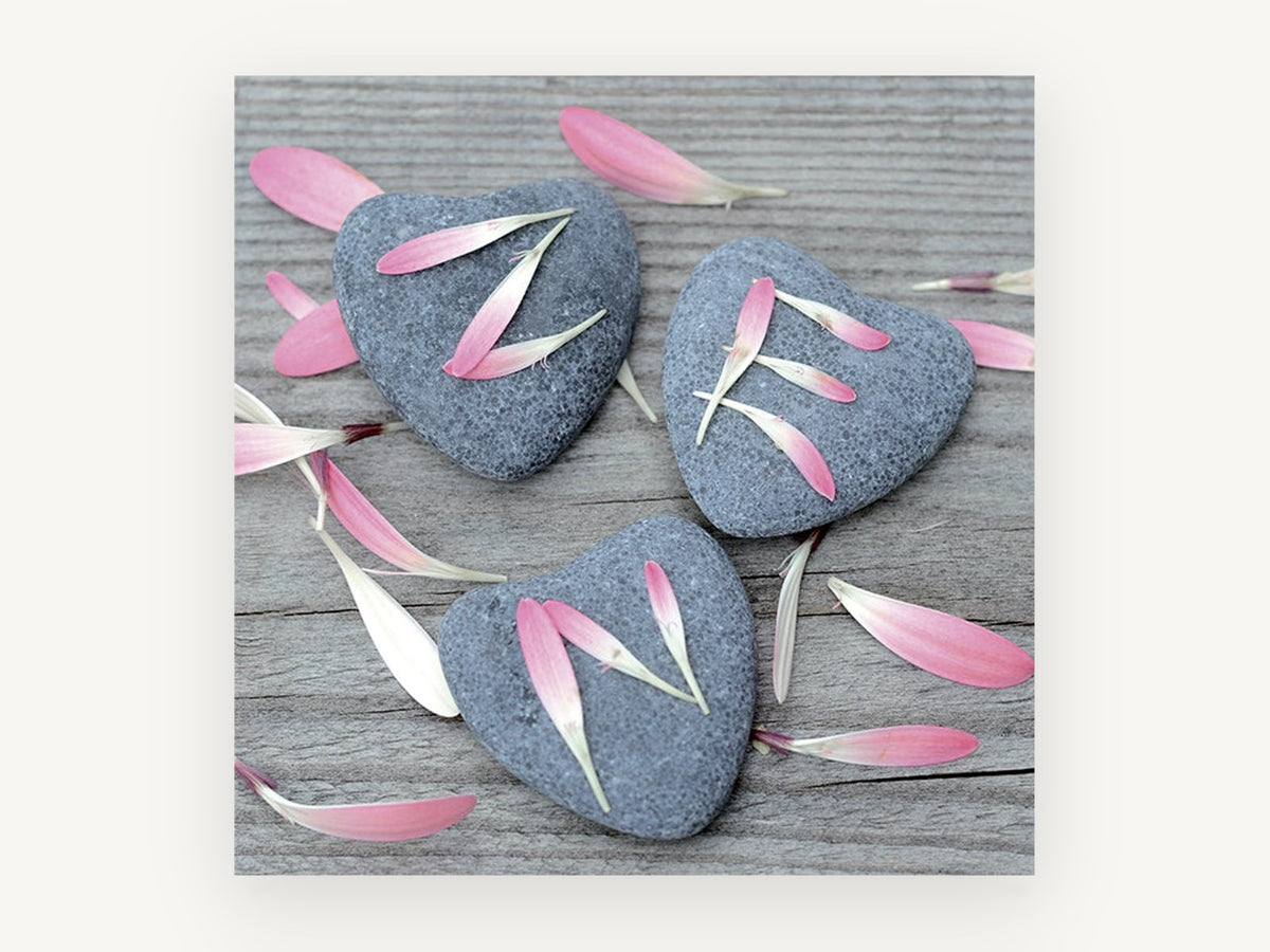 Petals on Heart Stones, floral canvas wall art print, front view