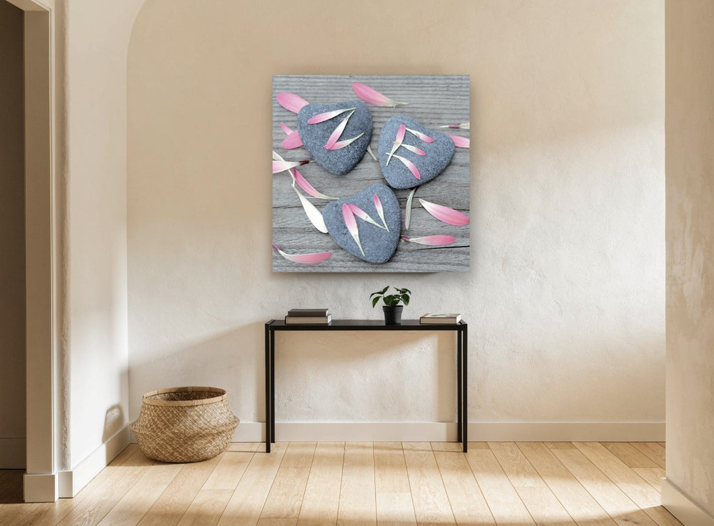 Petals on Heart Stones floral canvas print on the wall of a hallway