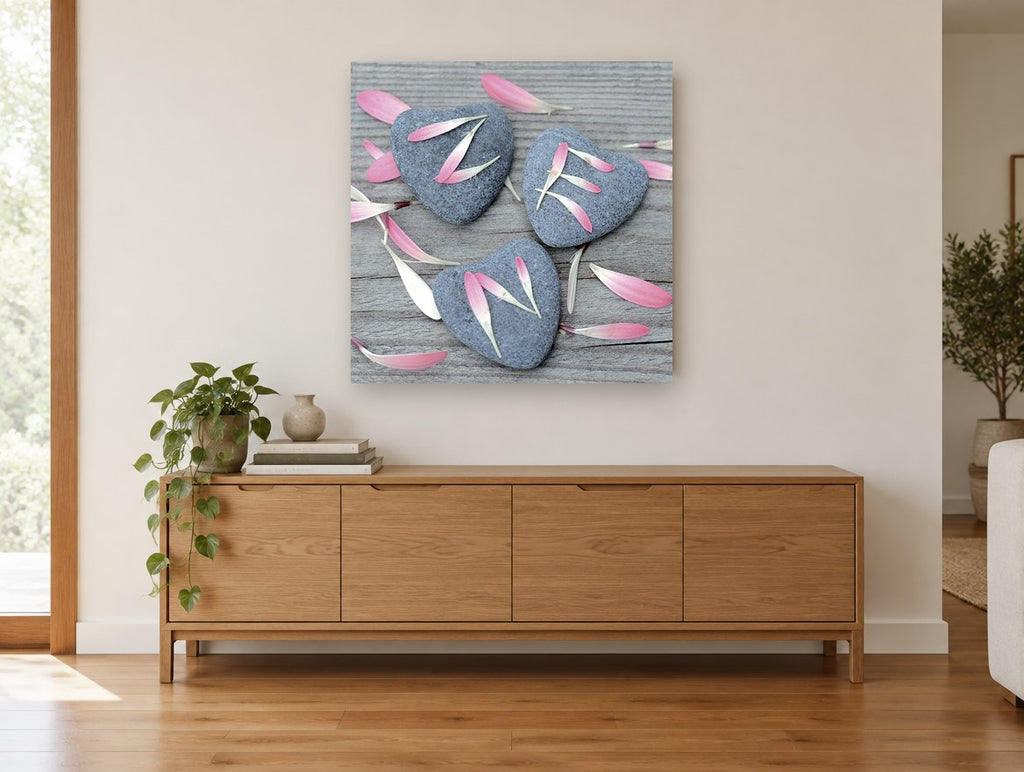 Petals on Heart Stones floral canvas print on the wall of a living room above a sideboard