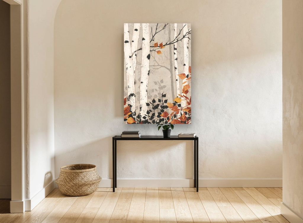 Rustic Birch Collage floral canvas print on the wall of a hallway