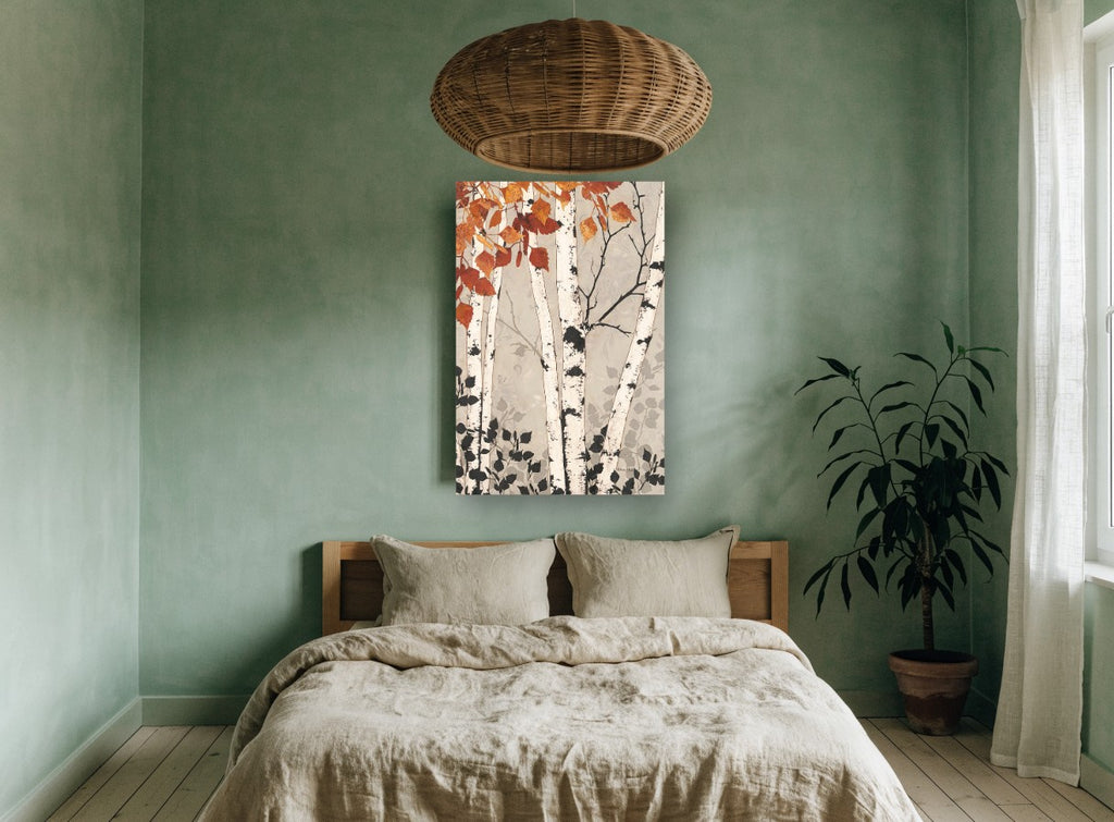 Autumn Birch Silhouettes floral canvas print on the wall of a bedroom