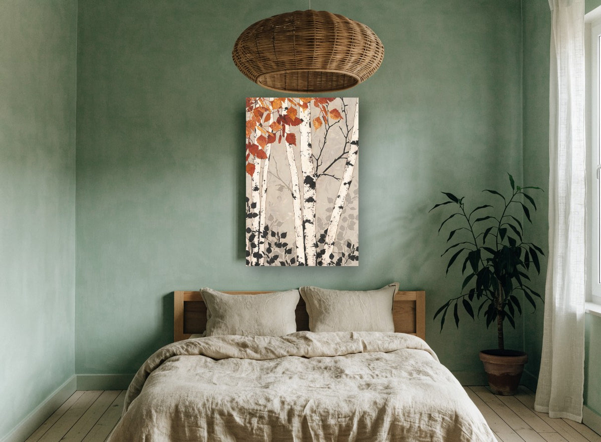 Autumn Birch Silhouettes floral canvas print on the wall of a bedroom