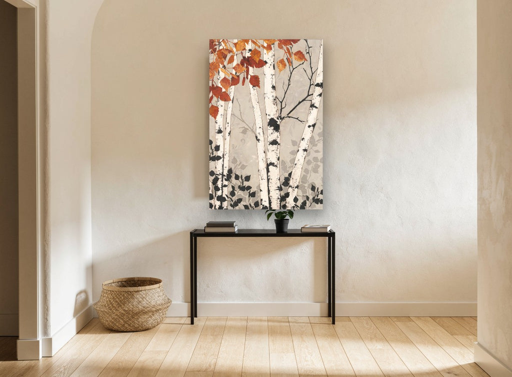 Autumn Birch Silhouettes floral canvas print on the wall of a hallway