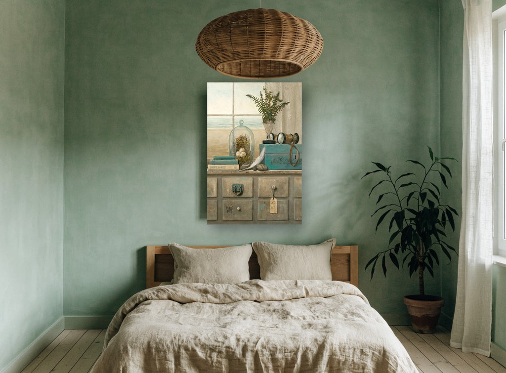 Shorebirds by the Window coastal canvas print on the wall of a bedroom