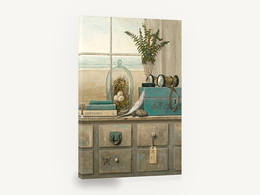 Shorebirds by the Window, coastal still life nest window, coastal canvas wall art print ready to hang