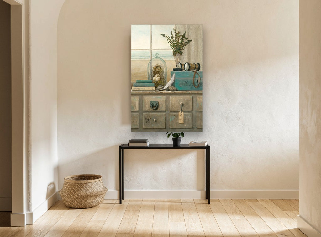 Shorebirds by the Window coastal canvas print on the wall of a hallway