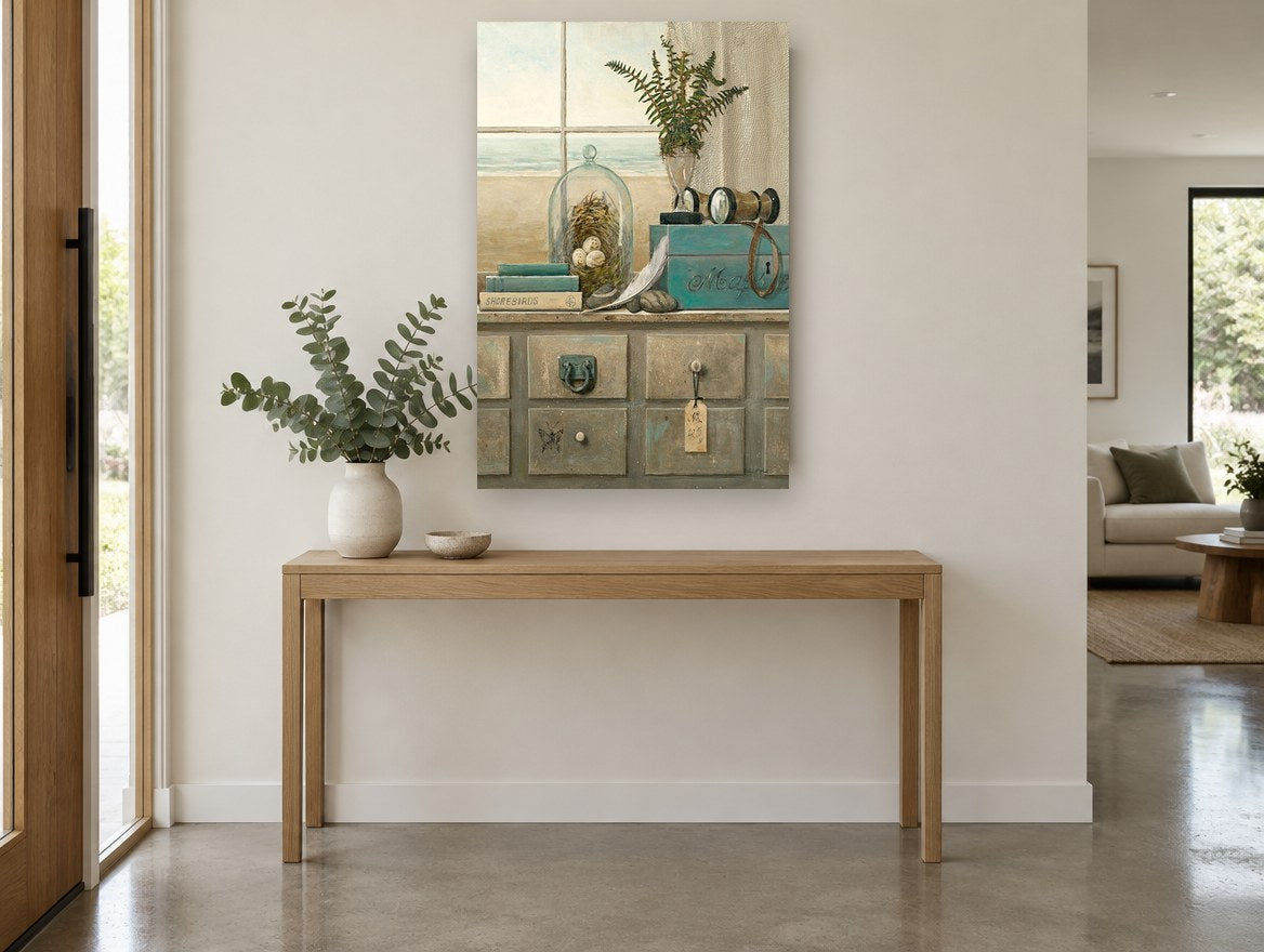 Shorebirds by the Window coastal canvas print on the wall of a entry hall