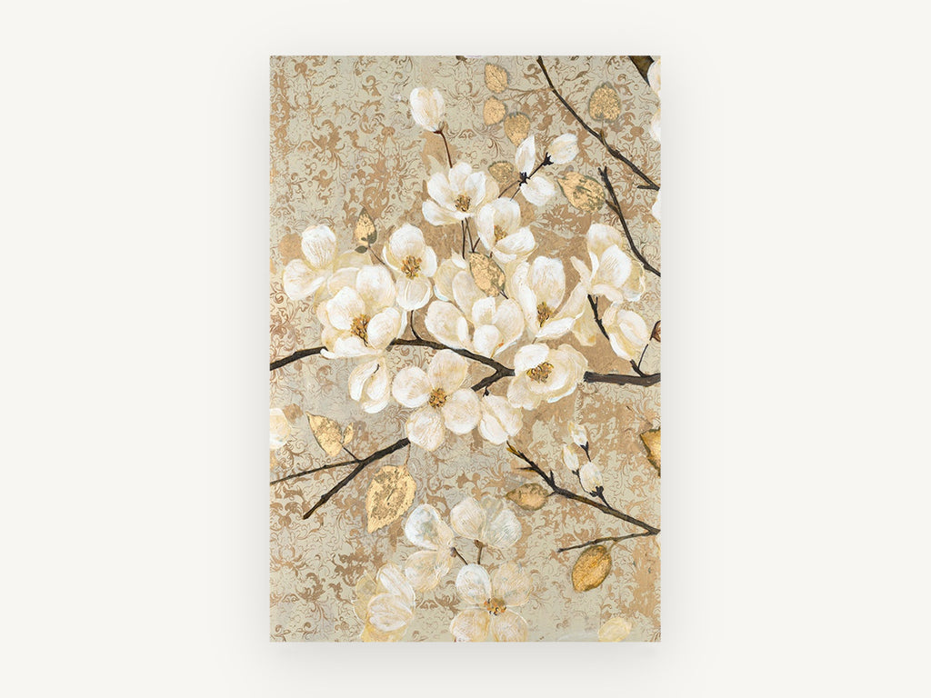 Gilded Cream Blossoms, floral canvas wall art print, front view