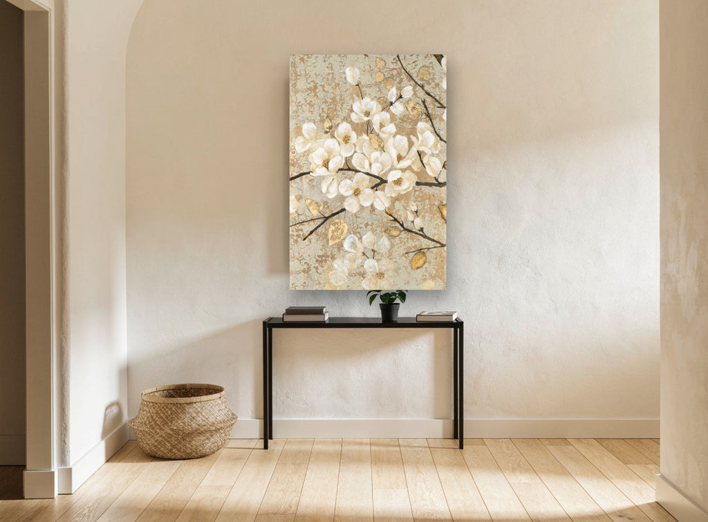 Gilded Cream Blossoms floral canvas print on the wall of a hallway