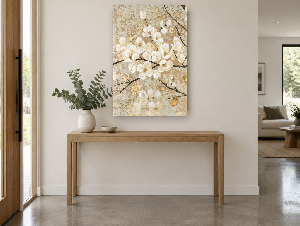 Gilded Cream Blossoms floral canvas print on the wall of a entry hall