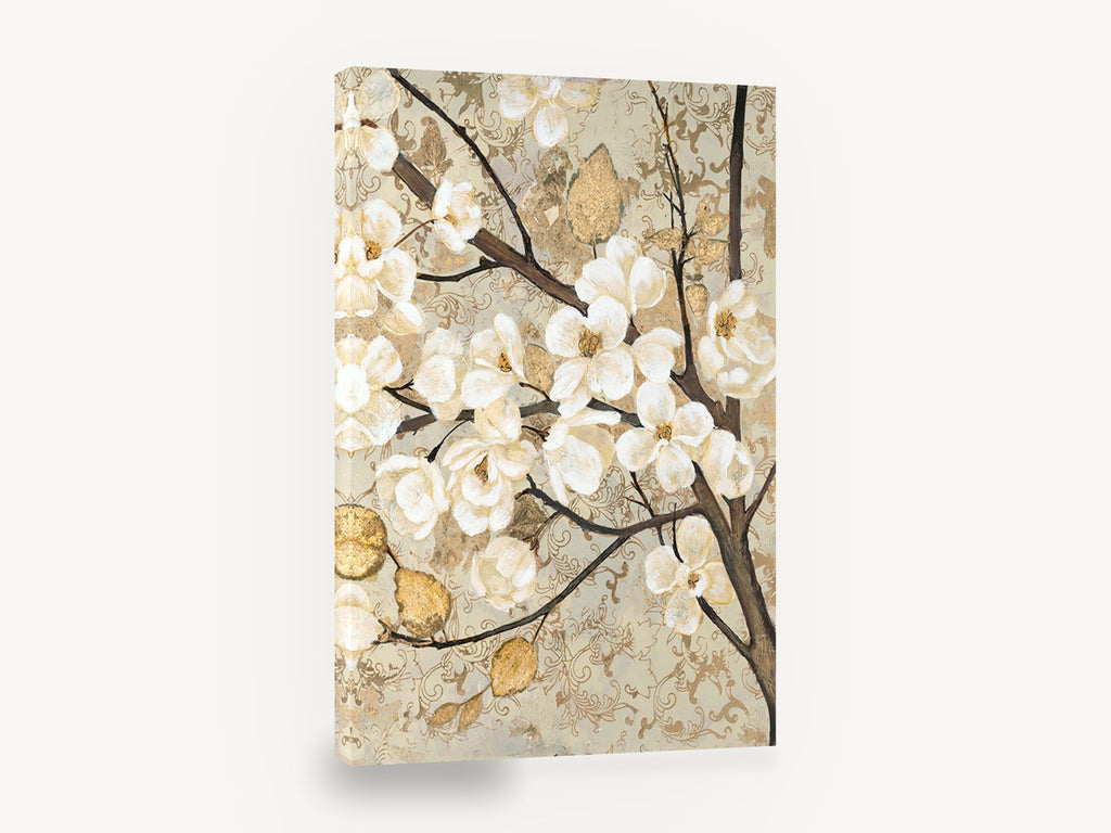 Gilded Magnolia Branch, cream blossom branch gold leaf painting, floral canvas wall art print ready to hang