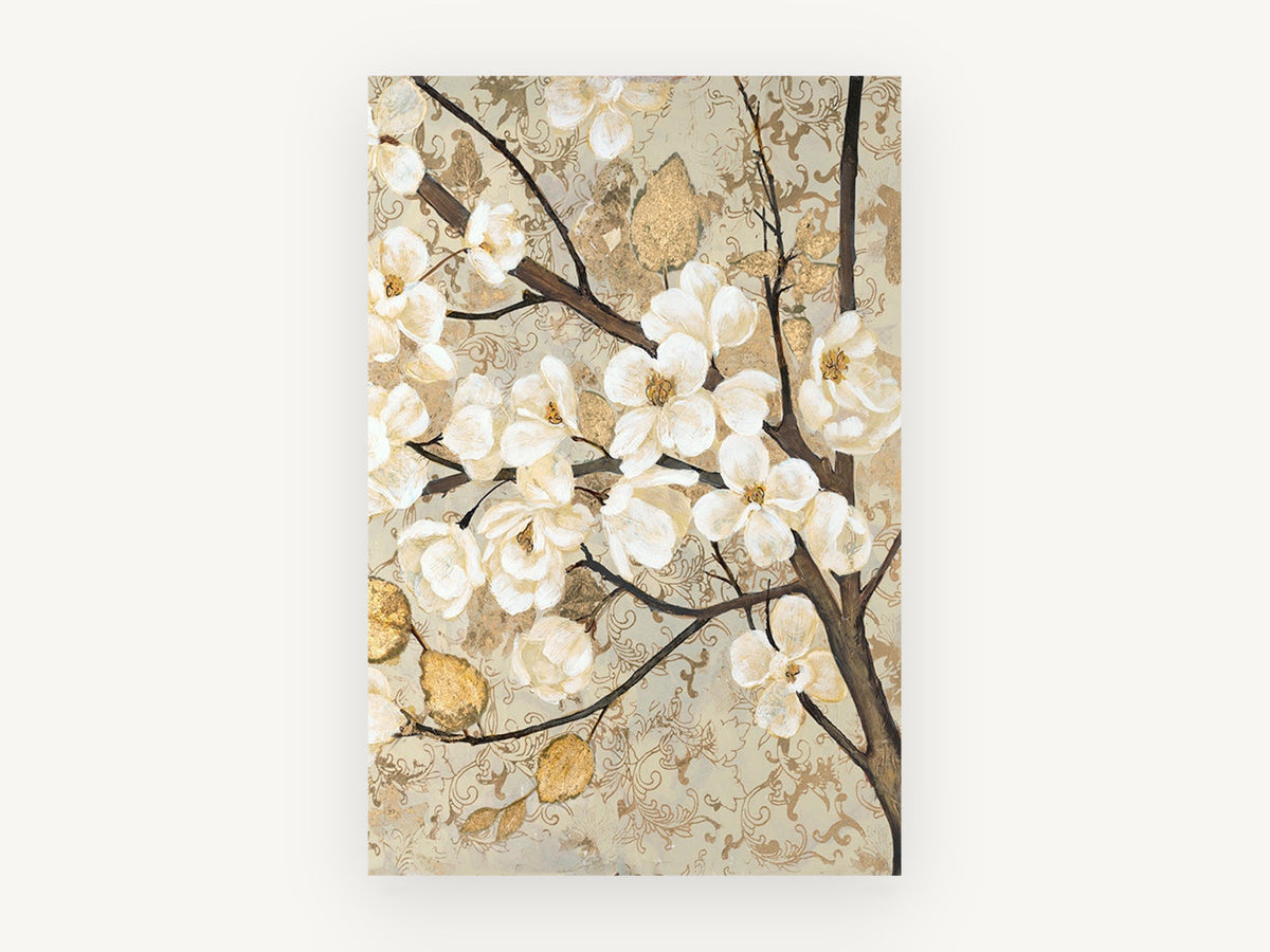 Gilded Magnolia Branch, floral canvas wall art print, front view