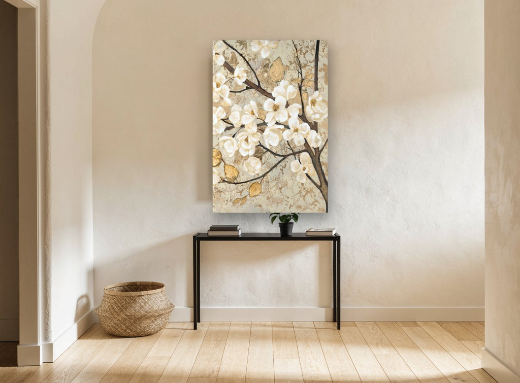 Gilded Magnolia Branch floral canvas print on the wall of a hallway