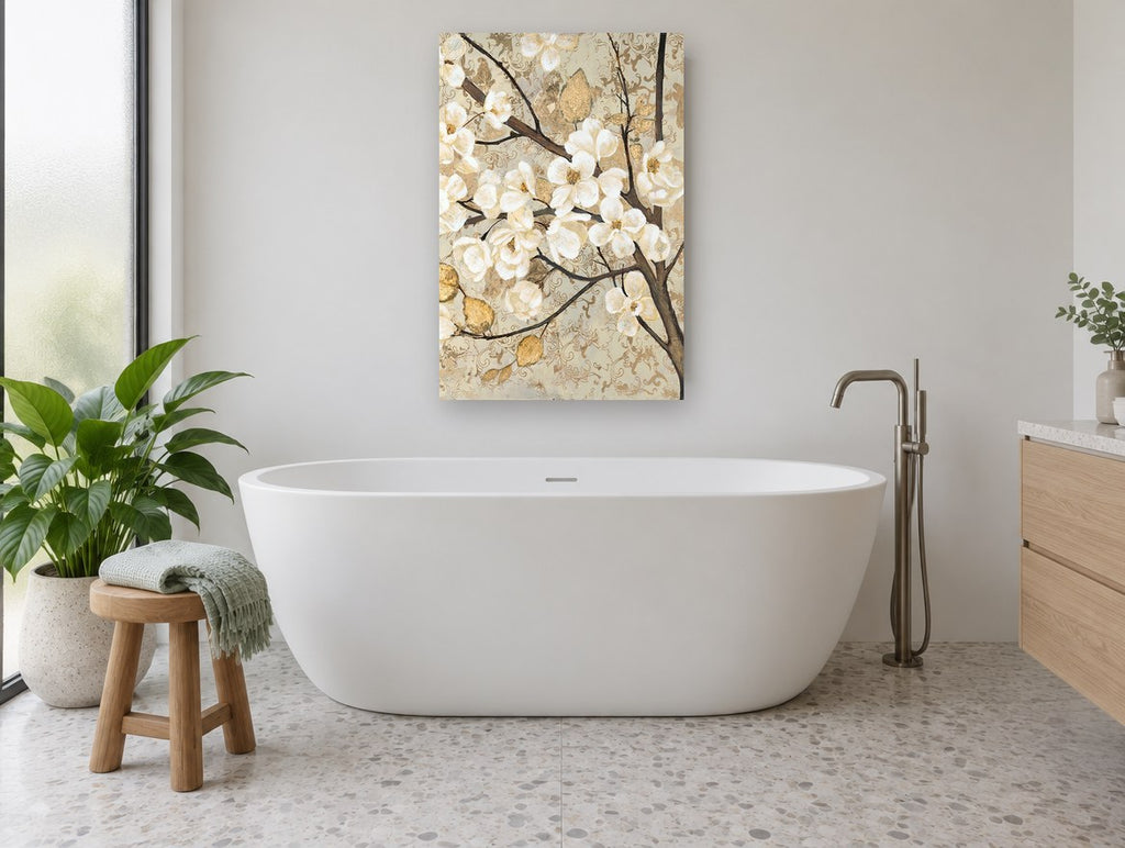 Gilded Magnolia Branch floral canvas print on the wall of a bathroom